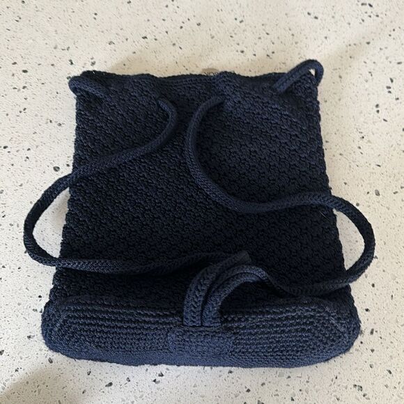The Sak Crochet Navy Blue Backpack Drawstring Shoulder Bag Handmade EUC main image 12